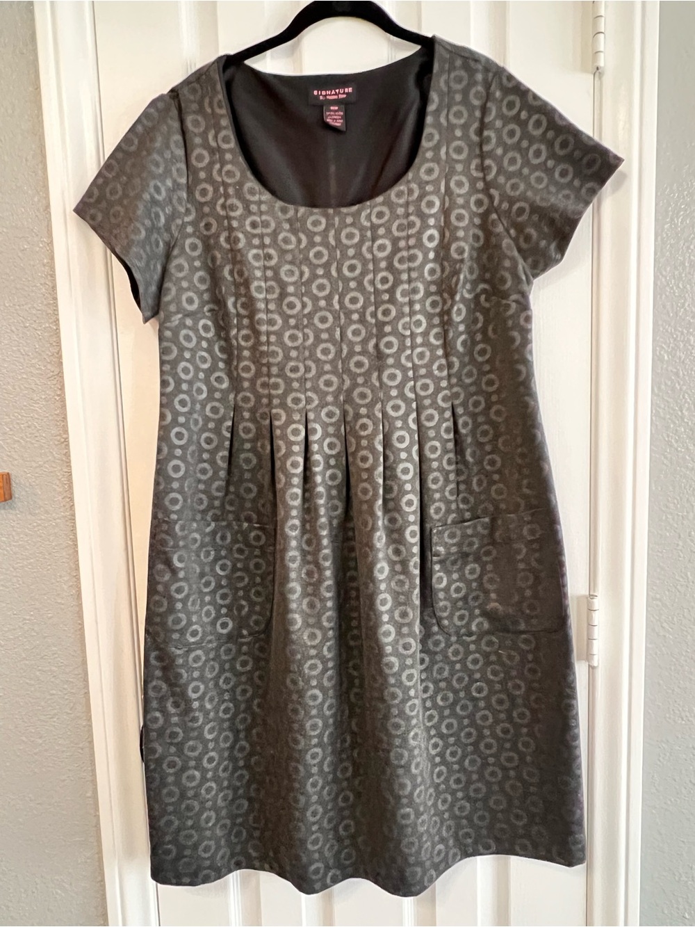 Signature Robbie Bee Dress 16W Dk Grey Geometric Circle Print Pockets Pleated